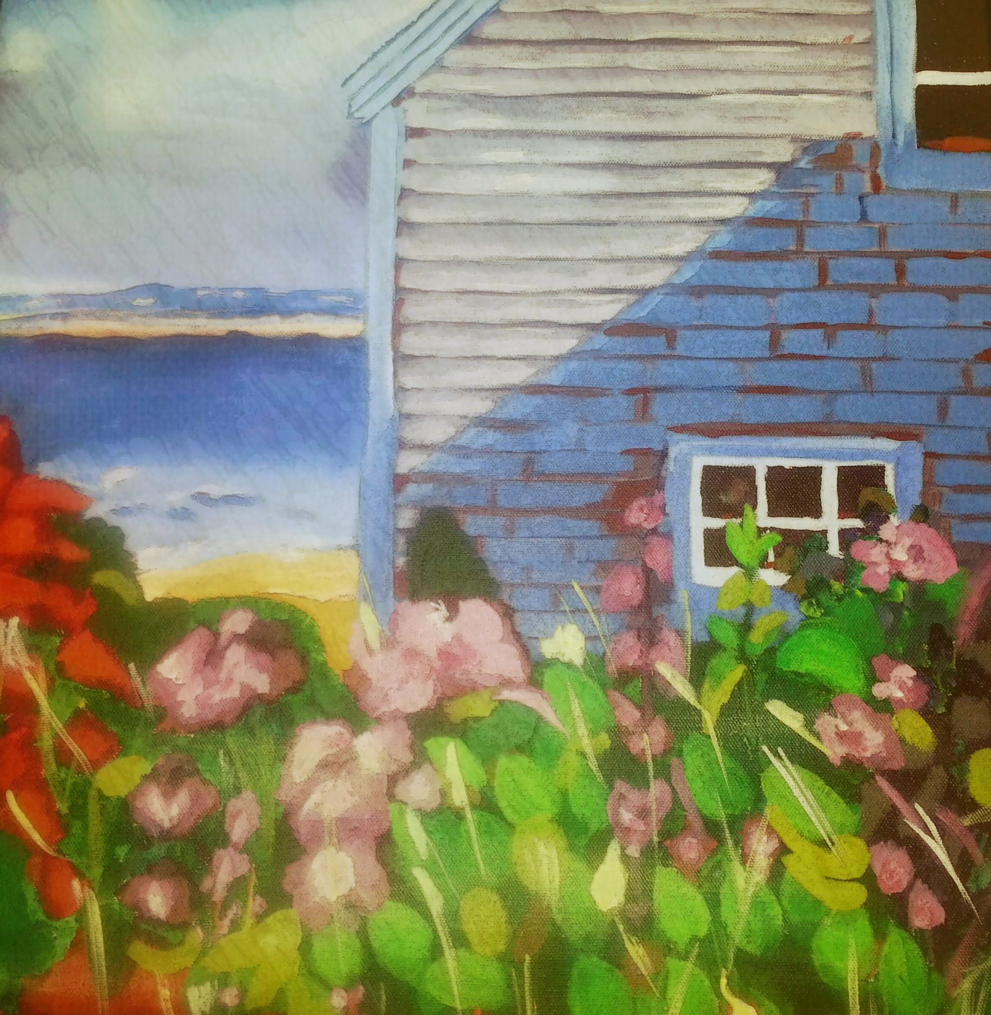 A colourful painting of a cottage garden