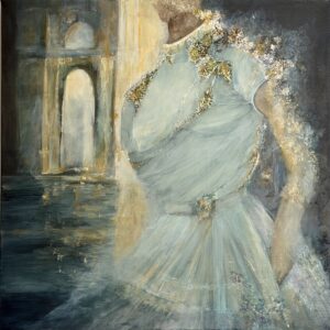 Echoes of Bloom, an original oil painting by Chandna Batra showing a woman in a pale blue-grey flowing dress beside arches, flowers and reflective water.